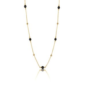 Halskæde i forgyldt sølv med kugler og sort onyx